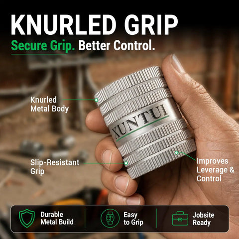 Inner Outer Pipe Reamer Deburring Tool For One Quarter To One And A Quarter Inch Pipe in hand showing knurled grip and metal build