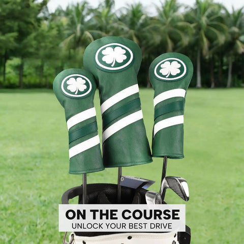 Leather Golf Head Covers Set For Driver, 3 Wood Head Cover, And Hybrid Rescue UT, 1pc Or 3pc Set with green shamrock design