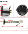 52mm Fuel Level Gauge Kit With Tank Sending Unit for Boats, RVs, and Marine Equipment, 12V Universal Water and Fuel Sender, 2-Inch Gauge Meter, Plug-And-Play Rugged Marine Sensor for Accurate Fuel Readings dimensions shown with gauge and sender