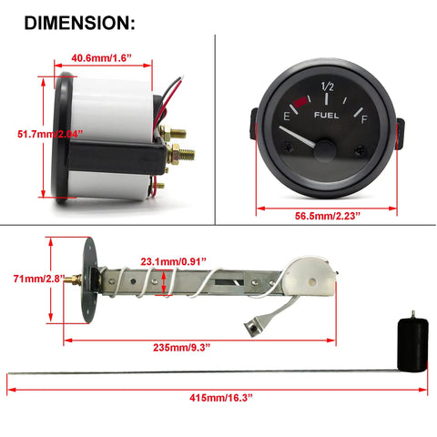 52mm Fuel Level Gauge Kit With Tank Sending Unit for Boats, RVs, and Marine Equipment, 12V Universal Water and Fuel Sender, 2-Inch Gauge Meter, Plug-And-Play Rugged Marine Sensor for Accurate Fuel Readings dimensions shown with gauge and sender