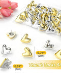 Thirty Piece Pack Of Rustproof Metal Veneered Heart Shaped Push Screws For Gallery Walls Decorative Picture Partitions Solid Hanging Hardware in gold and silver, 0.39" and 0.79" sizes.