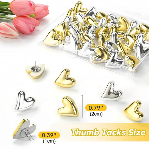 Lowkey Gorgeous Heart Shaped Push Screws Metal Wall Brads Rustproof Decorative Fasteners 30 Pack in polished brass and silver finish