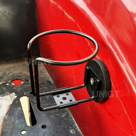 2 Pack Magnetic Cup Holder For Tractor And More, installed on a red tractor panel, heavy-duty stainless steel with black magnetic base.