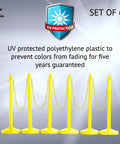 Yellow Plastic Stanchion Set With 2.5 Inch Diameter Posts, 40 Inch High, 50 Foot Chain, Six Pack Crowd Control Barriers, UV protection