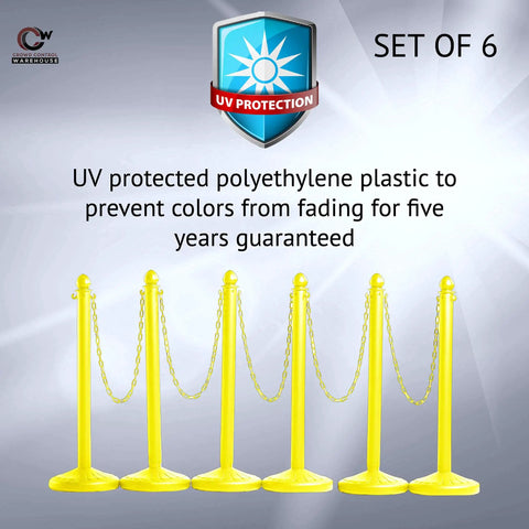 Yellow Plastic Stanchion Set With 2.5 Inch Diameter Posts, 40 Inch High, 50 Foot Chain, Six Pack Crowd Control Barriers, UV protection