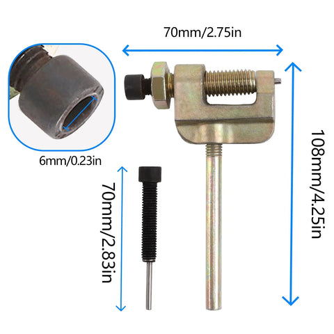 Universal Chain Breaker Tool For Dirt Bikes And ATVs 3 Points 06B 06C RS35h T8F with size measurements and components