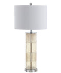 Champagne Glass and Crystal Table Lamp With White Faux Silk Drum Shade, Contemporary Transitional Pillar Lamp for Living Room and Bedroom