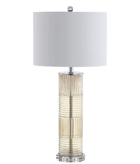 Champagne Glass and Crystal Table Lamp With White Faux Silk Drum Shade, Contemporary Transitional Pillar Lamp for Living Room and Bedroom