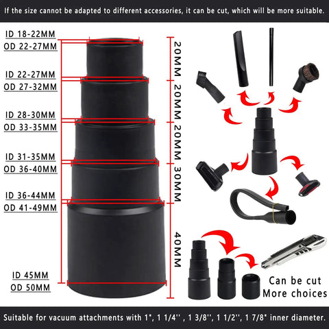 Universal Vacuum Attachment Kit For Wet Dry Cleaning One And One Quarter Inch Hose Adapters and accessories diagram