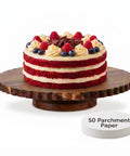 13 Inch Acacia Wood Cake Stand With Lazy Susan Rotating Turntable Decorator Choice featuring layered cake and 50 parchment papers.