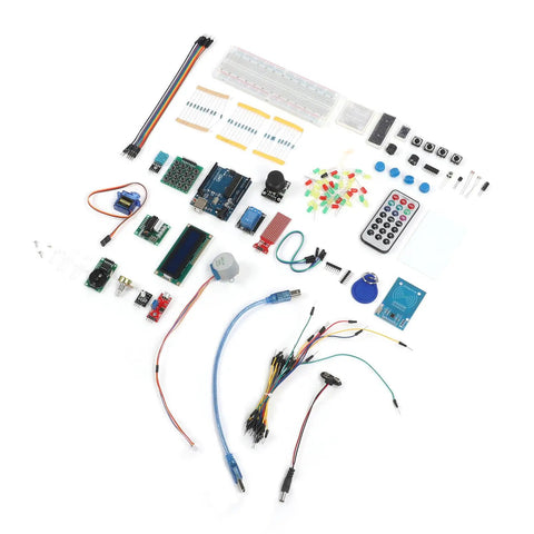 Electronic Components Starter Kit With Basic Repair Tools And Stepper Motor Servo For R3 Projects Packed With Wireless Communication Modules And Identity Authentication Features For Quick Hands On Learning; Arduino-style parts laid out