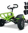 Gas Powered Off Road Go Kart For Adults And Teens With 63cc 2.5HP Engine, green frame, with safety gear, three-quarter front view