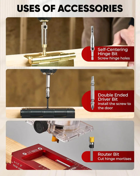 Uses of accessories with Adjustable Door Hinge Jig For Aluminum Alloy Doors Router Template Fits Hinges From Two And A Half