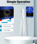 Tankless Instant Water Heater With 4500W Rapid Heating And Bright Led Screen mounted on wall, featuring touch screen and water spray.