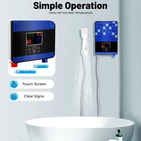 Tankless Instant Water Heater With 4500W Rapid Heating And Bright Led Screen mounted on wall, featuring touch screen and water spray.