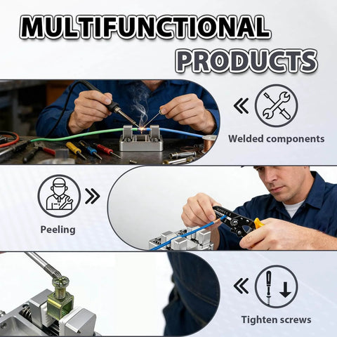 Man using Aluminum Soldering Clamp For DIY Projects With An 11mm Adjustable Jaw Hands Free Soldering Fixture For PCBs Wires And Connectors
