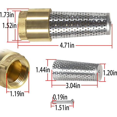 Dimensions of 1 Inch Brass Foot Valve No Lead Heavy Duty Workhorse Backflow Preventer With Female Connection for Pumps