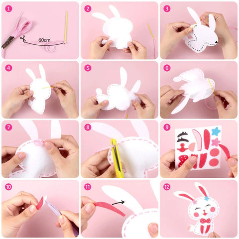 Step-by-step guide to making felt rabbit from Kids Sewing Kit For Beginners With 10 Easy DIY Felt Animal Projects And Guiding Book