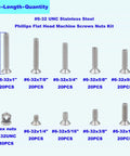 Size 6 32 UNC Stainless Steel Phillips Flat Head Machine Screws And Hex Nuts Assortment Kit with various lengths