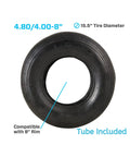4.80/4.00-8 Inch Ribbed Tread Pneumatic Tire With Inner Tube Set For 8 Inch Wheel Rims Fits Wheelbarrows, Garden Carts And Lawn Gear, Straight Valve Stem, Not For Highway Use. Close-up of tire with ribbed tread and details labeled.
