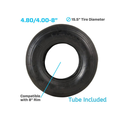 4.80/4.00-8 Inch Ribbed Tread Pneumatic Tire With Inner Tube Set For 8 Inch Wheel Rims Fits Wheelbarrows, Garden Carts And Lawn Gear, Straight Valve Stem, Not For Highway Use. Close-up of tire with ribbed tread and details labeled.