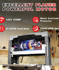 Heavy Duty 13 Inch Benchtop Wood Thickness Planer With Slick Helical Spiral Cutterhead And 120V 15Amp Motor For Fast Stock Removal showing motor specifications.