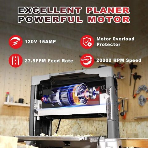 Heavy Duty 13 Inch Benchtop Wood Thickness Planer With Slick Helical Spiral Cutterhead And 120V 15Amp Motor For Fast Stock Removal showing motor specifications.