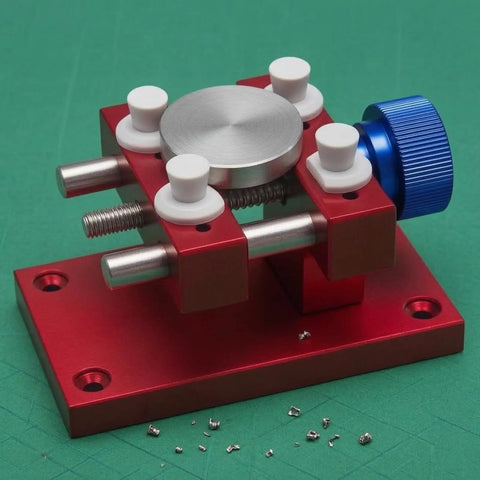 Beefy Aluminum Work Holder With Anodized Red Finish And Knurled Blue Adjustment Knob A Solid Workshop Tool For Securely Holding Parts And Precise Repairs Heavy Duty Aluminum Alloy Build For Everyday Shop Use, red aluminum work holder with blue knob