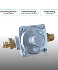 Angled front view of a FENDITEK 1/2 in gas pressure regulator with two brass 1/2 in NPT adapters.