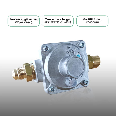 Angled front view of a FENDITEK 1/2 in gas pressure regulator with two brass 1/2 in NPT adapters.