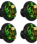 Four Piece Round Cabinet Knobs With Screws For Kids Furniture featuring green clovers and beer mug design on black knobs