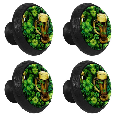 Four Piece Round Cabinet Knobs With Screws For Kids Furniture featuring green clovers and beer mug design on black knobs