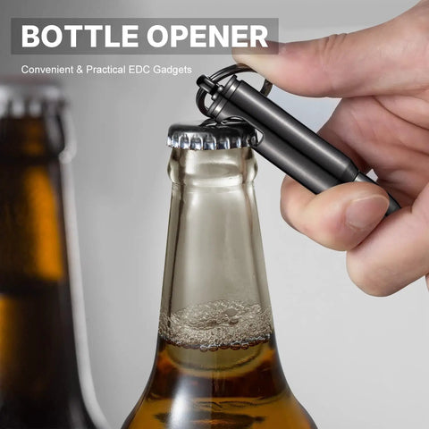 Hand holding Two Pack Bullet Permanent Match Lighter With Bottle Opener, Glass Breaker, And Keychain opening a beer bottle.