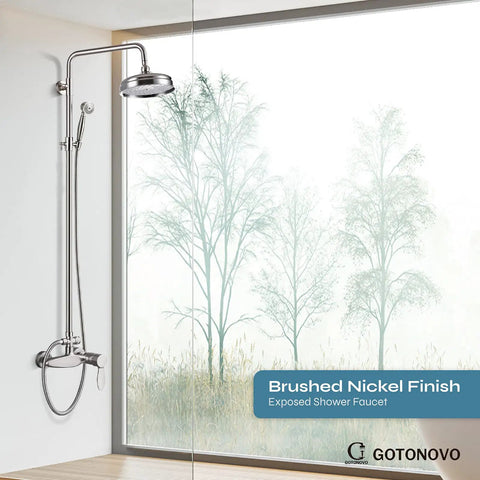 Exposed Shower Fixture System With 8 Inch Round Rainfall Shower Head Single Handle Dual Function Faucet in brushed nickel