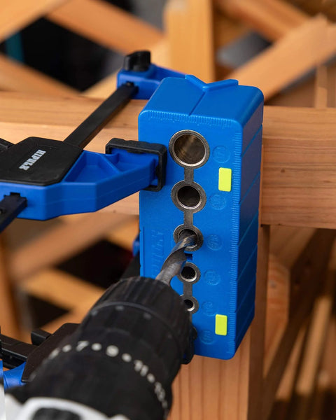 Drill Block Guide For Straight Holes Hands On Precision Alignment Tool clamped to wood, visible drill bit insertion, ABS body.