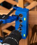 Drill Block Guide Set For Straight Holes With 9 Brad Point Bits And 6 Depth Collars in use on a wooden surface