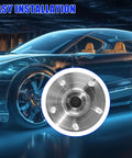 Front Wheel Bearing And Hub Assembly For Jeep Grand Cherokee 2005-2010 And Commander 2006-2010 5-Lug With ABS Drop-In Replacement Part Easy Install 4WD Or RWD Premium Quality Wheel Hub Bearing, highlighted against a car model backdrop with install indication.