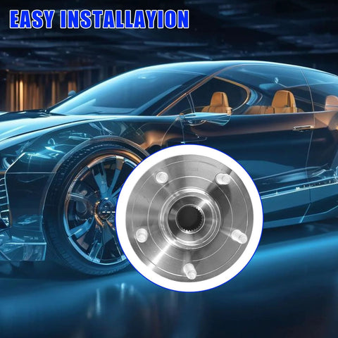 Front Wheel Bearing And Hub Assembly For Jeep Grand Cherokee 2005-2010 And Commander 2006-2010 5-Lug With ABS Drop-In Replacement Part Easy Install 4WD Or RWD Premium Quality Wheel Hub Bearing, highlighted against a car model backdrop with install indication.
