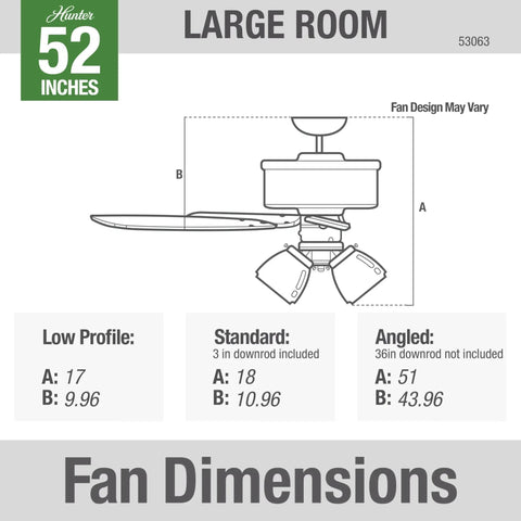 Diagram of 52 Inch Indoor Ceiling Fan With LED Lights In Antique Brass Quiet Operation, dimensions for low profile, standard, angled mounts