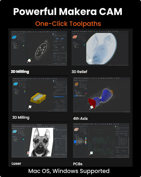 Screenshot showing Makera CAM software with 2D Milling, 3D Relief, and 4th Axis features for Compact Enclosed Desktop CNC Mill.