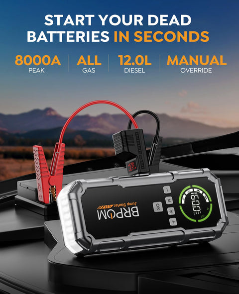 8000A Peak Jump Starter With Air Compressor For Cars And Diesel Engines on car hood
