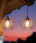 Battery Operated Hanging Chandelier Outdoor Set Of Two With Remote Control Boho Copper Wire Beaded Pendant Light, glowing at sunset.