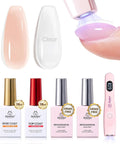 Builder Gel Nails Kit With Handheld Lamp, HEMA Free, 8 In 1 Clear And Nude Gels, Base Coat, Top Coat, and gel lamp application