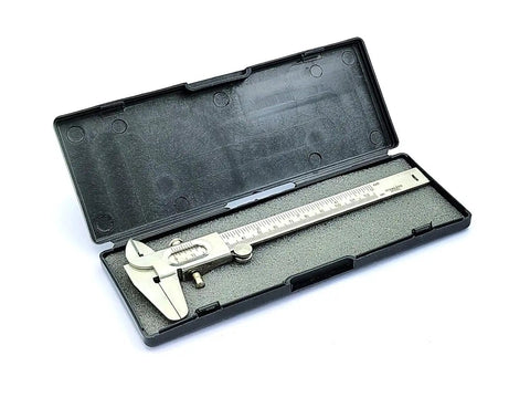 Open case showing Handy Dual Metric And Imperial Vernier Caliper Stainless Steel Measuring Tool 0 To 125 Millimeters And 0 To 5 Inches