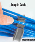 Game Changer 30 Slot Cable Comb Block Tames Wire Chaos And Keeps Cat 6 Rigs Slick And Easy To Trace Without Nasty Knots Grey Stackable Wire Manager with snap-in blue cables.