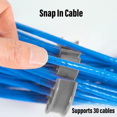 Game Changer 30 Slot Cable Comb Block Tames Wire Chaos And Keeps Cat 6 Rigs Slick And Easy To Trace Without Nasty Knots Grey Stackable Wire Manager with snap-in blue cables.