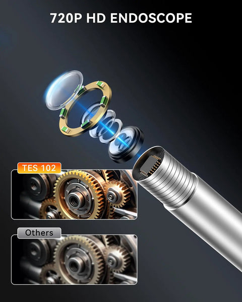 Slim 5.5mm Endoscope Camera With 2MP HD Borescope And 6 LED Lights For Auto And Home Diagnostics TES102 See Every Nook In Tight Spaces And Diagnose Car Engines Pipes And Appliances Like A Pro showing 720P HD lens diagram