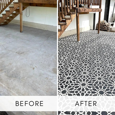 Before and after transformation of concrete floor using Paint Transformer Chalk Mineral For Latex And Acrylic Paint.