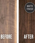 Before and after comparison showing wood finish applied on walnut, emphasizing the smooth result, Straight Out The Bottle Tung Oil Wood Finish Goes On Pretty Dang Smooth For Cabinets Doors And Cutting Boards Natural Vegan Food Safe Black 16 Oz Jug Zero Fuss Killer Uv Protection Made In Usa.