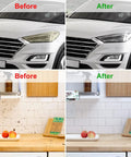 Before and after images of a car and kitchen cleaning, illustrating the effectiveness of cleaning products on surfaces.